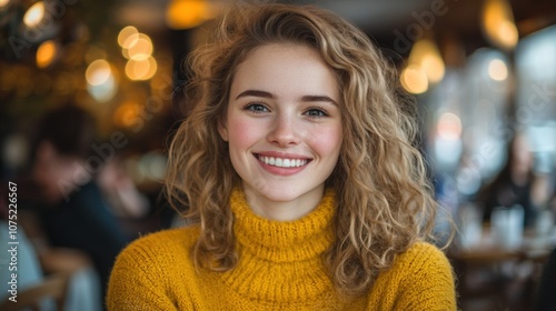 Joyful Young Woman Smiling in Cozy Café Setting