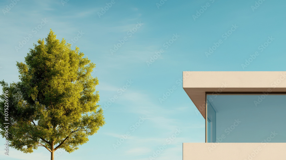 Modern office building exterior with glass windows and green tree, showcasing minimalist design against clear blue sky. vibrant greenery adds refreshing touch Modern office building exterior with glass windows and green tree, showcasing minimalist design against clear blue sky. vibrant greenery adds refreshing touch