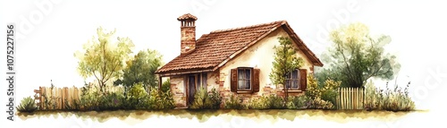 Charming cottage with a rustic design, surrounded by greenery, white isolate background