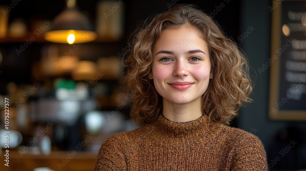 Charming Young Woman in Cozy Cafe with Warm Ambiance