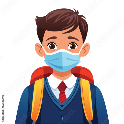 Portrait of a boy in school uniform wearing a mask because he is sick