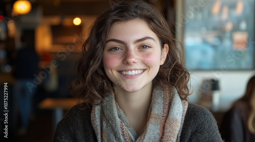 Cheerful Young Woman Smiling in Cozy Café Setting