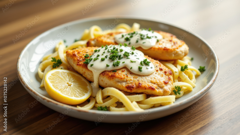 Marry Me Chicken with lemon on top and served with pasta. Marry Me Chicken with lemon on top and served with pasta.