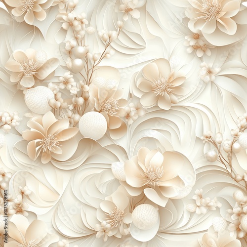 3D seamless pattern of delicate white flowers with embossed floral motifs
