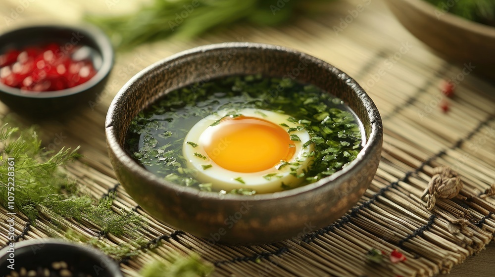 Freshly Prepared Soft Boiled Egg in Broth with Herbs on a Natural Bamboo Surface, Surrounded by Vibrant Red Spices for a Delicious Asian Cuisine Experience Freshly Prepared Soft Boiled Egg in Broth with Herbs on a Natural Bamboo Surface, Surrounded by Vibrant Red Spices for a Delicious Asian Cuisine Experience
