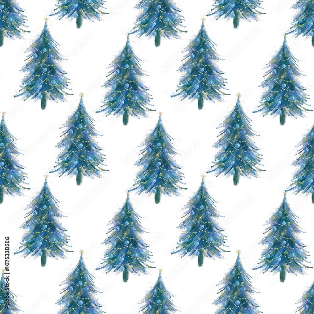 Obraz premium Seamless watercolor pattern featuring Christmas trees on a white background. Ideal for holiday gift wrap, greeting cards, fabric designs, seasonal decor, and DIY projects.