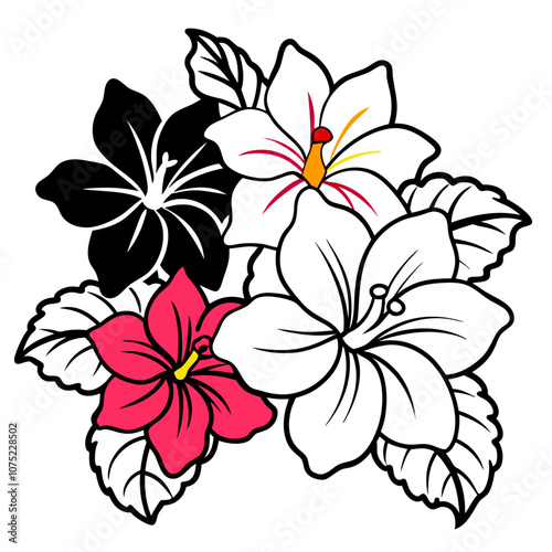 Tropical Bloom Vector – Bold, Vibrant Hibiscus, Orchids, & Plumerias in Lively Pink, Red, & Orange Tones photo