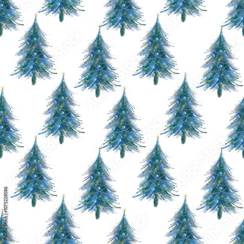 Seamless watercolor pattern featuring Christmas trees on a white background. Ideal for holiday gift wrap, greeting cards, fabric designs, seasonal decor, and DIY projects.