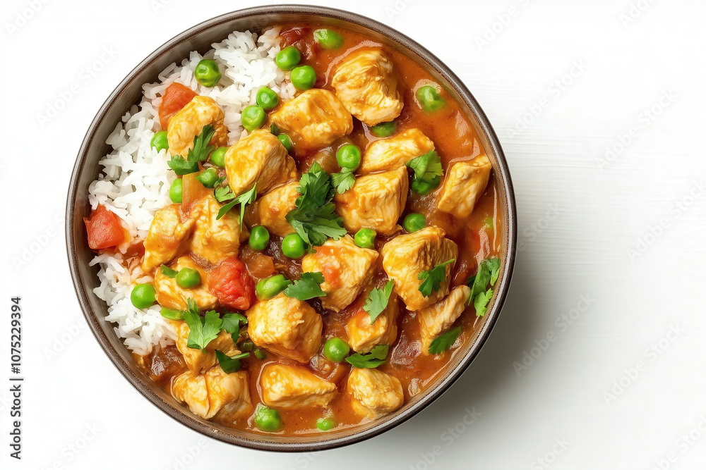 Delicious chicken curry served over fluffy rice with fresh peas and tomatoes, ready to enjoy for dinner. Generative AI Delicious chicken curry served over fluffy rice with fresh peas and tomatoes, ready to enjoy for dinner. Generative AI