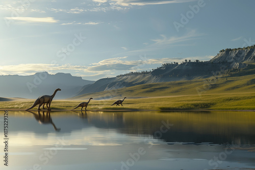 Troupeau de dinosaures sauropodes du genre Cetionsaurus. photo