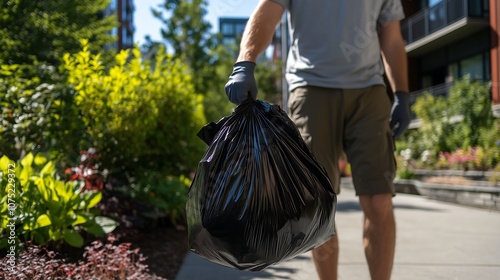 A person holding a black trash bag, preparing to collect garbage, standing on a residential street, emphasizing the act of cleaning up the environment in an everyday setting. photo