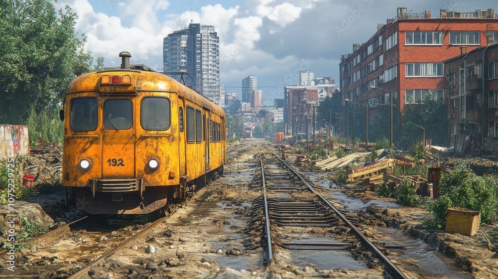 Fototapeta premium Abandoned train on overgrown tracks in a cityscape.