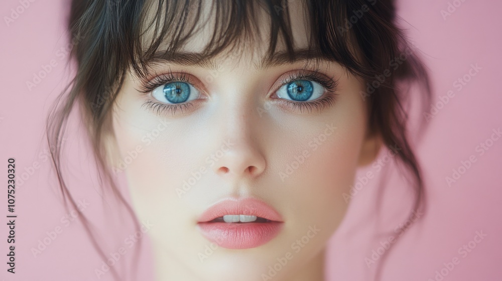 Captivating Portrait of a Young Woman Against a Soft Pink Background