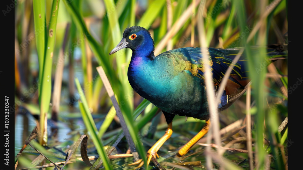 Fototapeta premium Vibrant Purple Gallinule Bird Walking Among Lush Green Wetland Vegetation in Natural Habitat