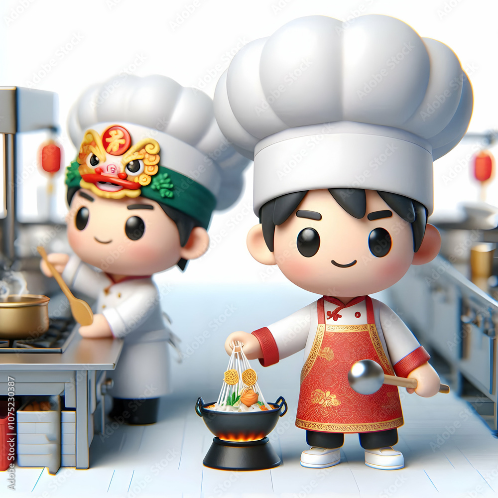 3D Candid Chef Preparing Traditional Lunar New Year Dishes in Restaurant Kitchen with Copy Space for Branding, Culinary Artistry, Chibi Icon Design, Isolated White Background 3D Candid Chef Preparing Traditional Lunar New Year Dishes in Restaurant Kitchen with Copy Space for Branding, Culinary Artistry, Chibi Icon Design, Isolated White Background