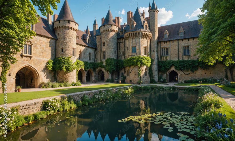 Obraz premium A stone castle with tall towers and a moat surrounds a pond with lily pads in the courtyard