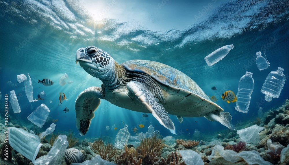 Obraz premium Ocean water polluted with floating plastic waste, highlighting the environmental crisis of marine pollution and the urgent need for ocean conservation. Water pollution in ocean. Global warming