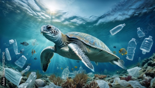 Ocean water polluted with floating plastic waste, highlighting the environmental crisis of marine pollution and the urgent need for ocean conservation. Water pollution in ocean. Global warming