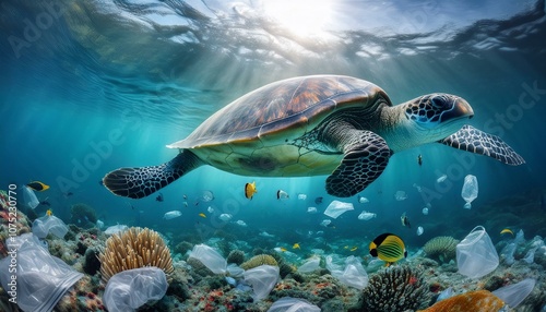 Ocean water polluted with floating plastic waste, highlighting the environmental crisis of marine pollution and the urgent need for ocean conservation. Water pollution in ocean. Global warming