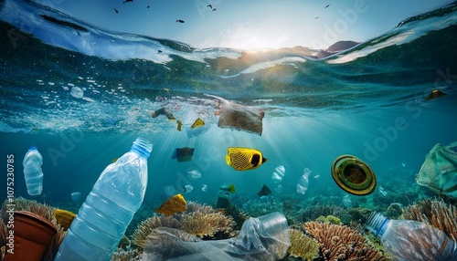 Ocean water polluted with floating plastic waste, highlighting the environmental crisis of marine pollution and the urgent need for ocean conservation. Water pollution in ocean. Global warming