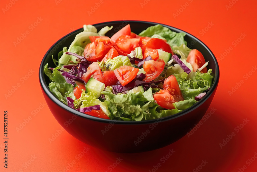 Fresh salad with mixed greens and chopped tomatoes in a black bowl against a vibrant orange background. Generative AI Fresh salad with mixed greens and chopped tomatoes in a black bowl against a vibrant orange background. Generative AI
