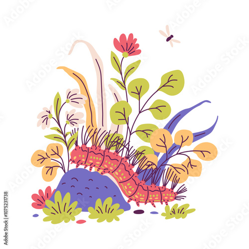 Cartoon fluffy caterpillar on colorful summer floral background, vector cute worm insect crawling doodle drawn with plants