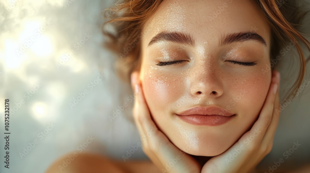 Radiant Beauty: Close-Up of a Serene Woman with Glowing Skin Radiant Beauty: Close-Up of a Serene Woman with Glowing Skin