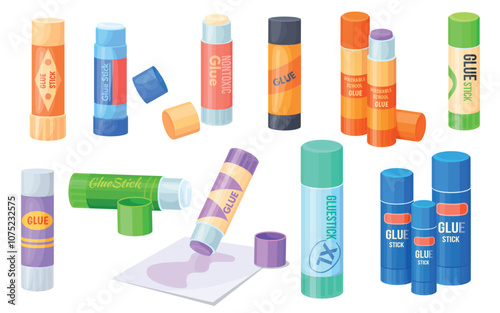 Glue sticks. Cartoon gluestick, school stationery coller DIY tool glues sticks for paper fourniture glueing, adhesive pencil for kindergarten needlework neat vector illustration