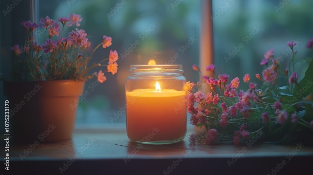 Cozy Evening Ambience with Candle and Flowers in Warm Light Cozy Evening Ambience with Candle and Flowers in Warm Light