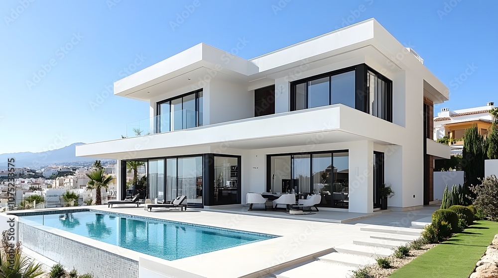 Fototapeta premium Luxury flat roof home featuring a large pool, wide concrete facade, generous parking, and vibrant landscaping in 3D visualization
