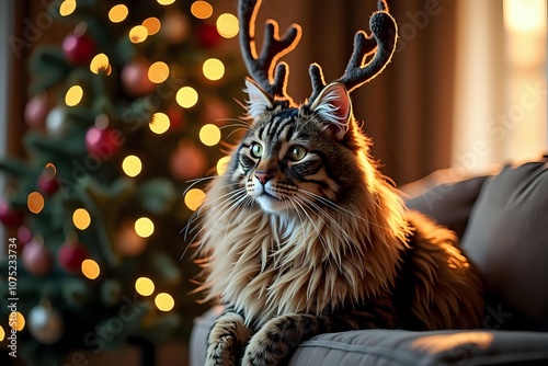 Majestic Maine Coon cat wearing reindeer antlers, sitting gracefully by a decorated Christmas tree with festive lights in a cozy living room, creating a warm holiday ambiance photo