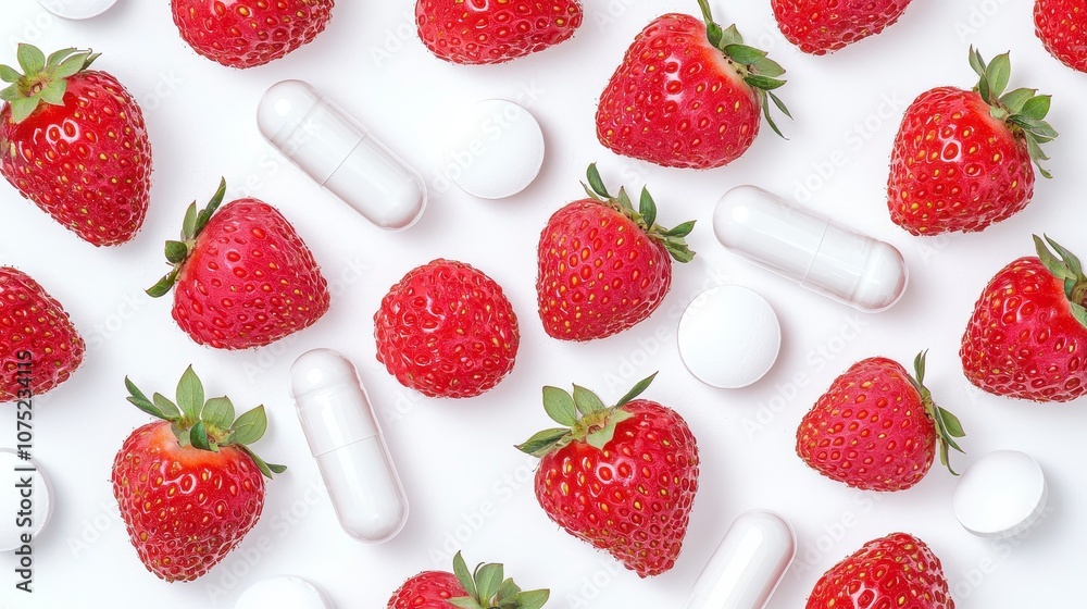 Fresh Red Strawberries Surrounded by White Pills and Capsules on a White Background, Representing Healthy Eating and Nutrition Supplements Fresh Red Strawberries Surrounded by White Pills and Capsules on a White Background, Representing Healthy Eating and Nutrition Supplements