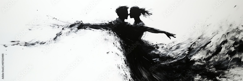 Abstract art painting of a couple dancing, with a white background, and black and gray brush strokes creating a monochrome design