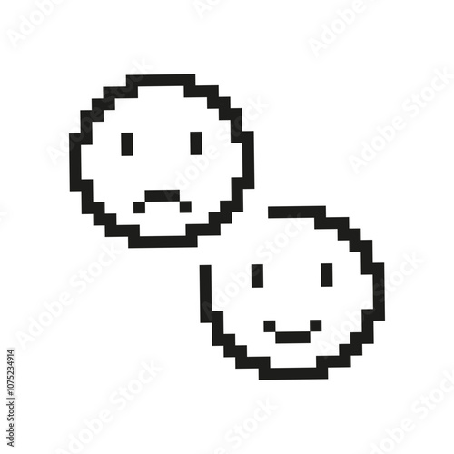 Pixel Art Happy and Sad Faces Icon. Pixelated Two Facial Expressions, One Happy and One Sad. Isolated Vector Illustration