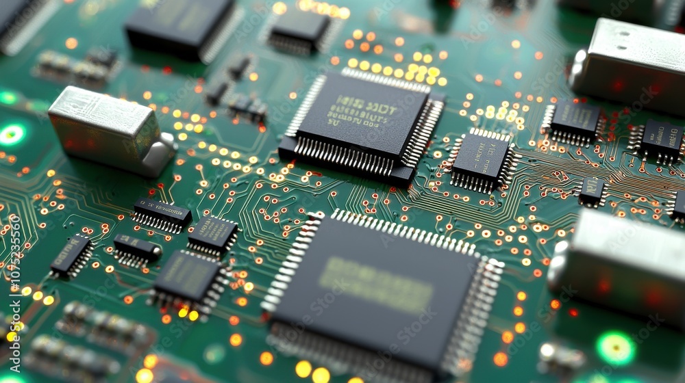 Close-up of a circuit board showcasing intricate electronic components and connections. Close-up of a circuit board showcasing intricate electronic components and connections.