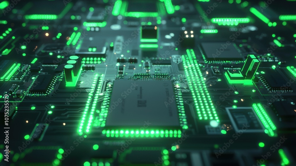 A close-up of a circuit board with glowing green elements, representing technology and innovation. A close-up of a circuit board with glowing green elements, representing technology and innovation.