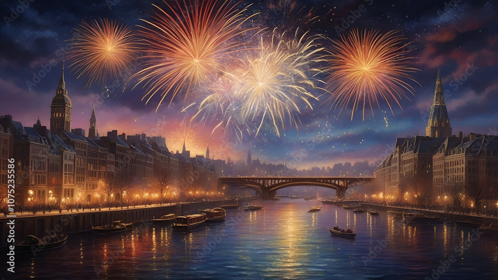 Naklejka premium On a frosty NEW YEAR evening, a shimmering cityscape comes to life under a blanket of twinkling stars. The intricate details of the bustling streets below are captured in a breathtakingly