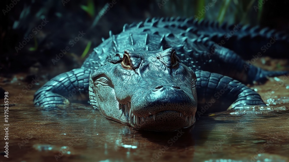 Crocodile basking in the sun, rugged terrain beneath, vibrant green surroundings, showcasing the reptile's textured skin and powerful physique in its natural habitat Crocodile basking in the sun, rugged terrain beneath, vibrant green surroundings, showcasing the reptile's textured skin and powerful physique in its natural habitat