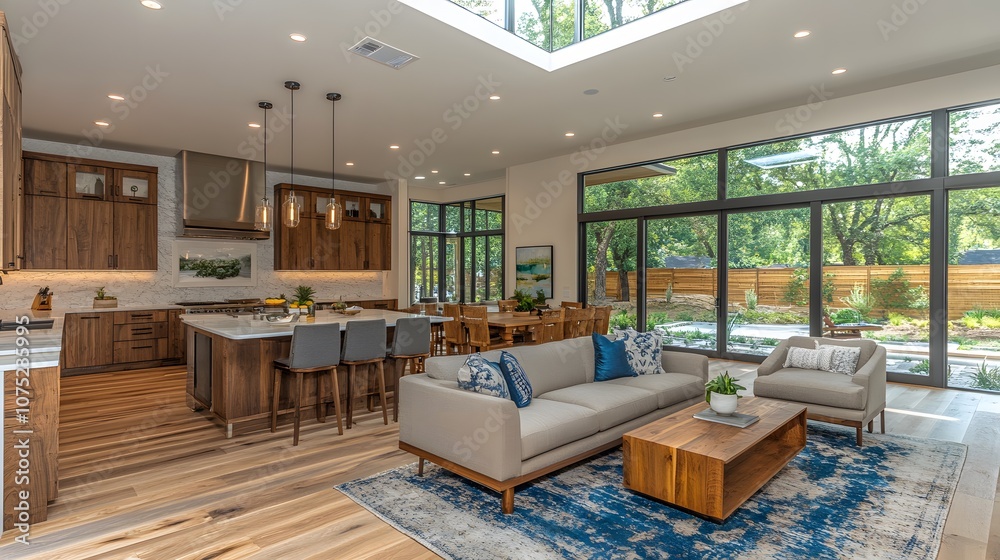 Living room with a clean aesthetic, soft grey couch, light wood table, and large bright window, Living room with a clean aesthetic, soft grey couch, light wood table, and large bright window,