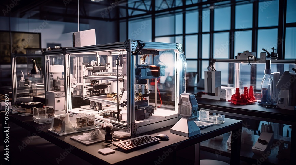 Fototapeta premium A photo of a 3D printing lab with various printed objective