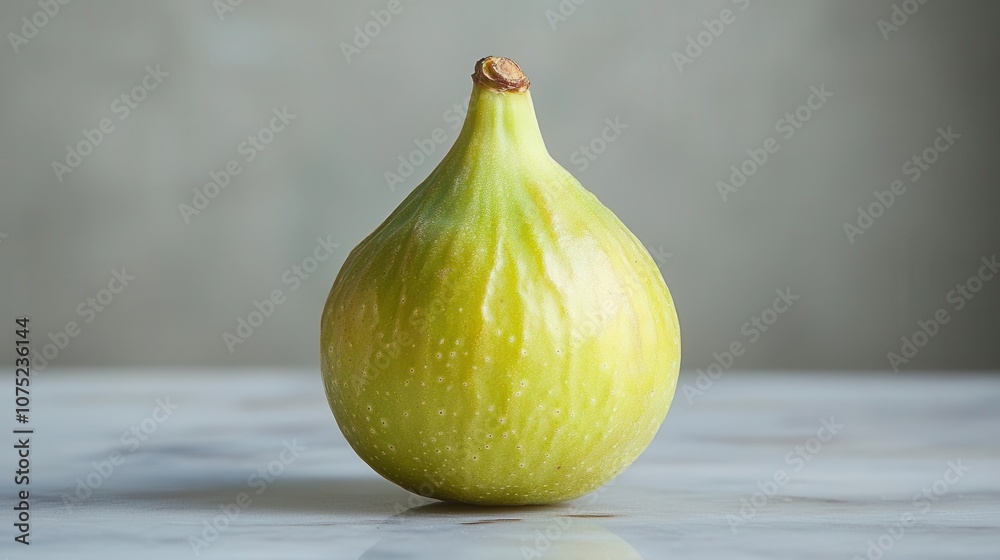 Obraz premium vibrant green fig suspended against a pristine white background, showcasing its luscious texture and ripe form, inviting viewers to appreciate nature's bounty at full depth of field