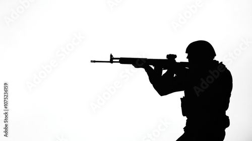 black silhouette of modern soldier with rifle in white background, sniper reloading gun
