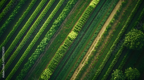 Aerial view of lush green fields arranged in neat rows, showcasing agricultural patterns and vibrant vegetation.