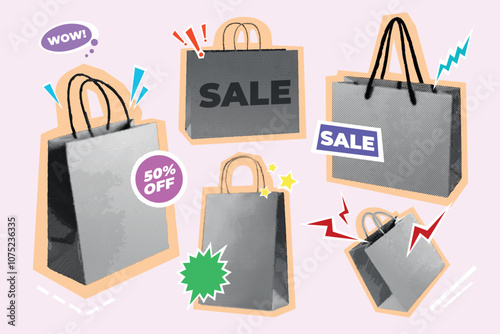 Halftone shop bags. Shopping sale purchase retro collage, gift bag retail store realistic elements half tone vintage paper effect discount offer marketing exact vector illustration
