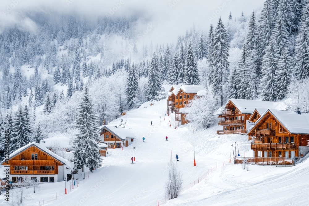 winter wonderland - christmas time ski resort, with cozy cabins, snow-covered slopes, and skiers enjoying the fresh powde winter wonderland - christmas time ski resort, with cozy cabins, snow-covered slopes, and skiers enjoying the fresh powde
