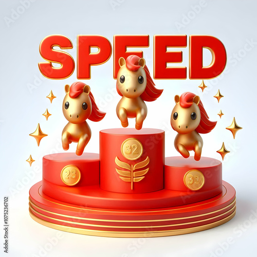 3D Red Podium Golden Horses Speed Dynamic X Chibi Icon Ample Copy Space Above for Text Branding, Static Shot Cute Design Isolated on White Background, Perfect for Marketing Promotions photo