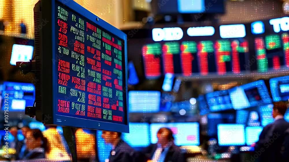 Close-up of a stock ticker with numbers, in a room with people.
