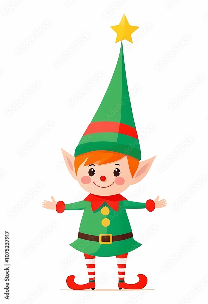 Cheerful christmas elf with pointed ears and festive attire presents a holiday greeting. New year Cheerful christmas elf with pointed ears and festive attire presents a holiday greeting. New year