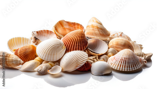 A vibrant assortment of various seashells showcasing different shapes and colors, beautifully arranged against a white background, evoking a sense of the beach and ocean life.