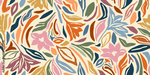 Abstract hand drawn flowers, seamless patterns with floral for fabric, textiles, clothing, poster, cover, banner, wall art, home decor, background. Vector illustration.